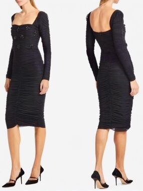PatBO Beaded Ruched Stretch Tulle Sweetheart Neckline Long Sleeve Midi Dress NEW